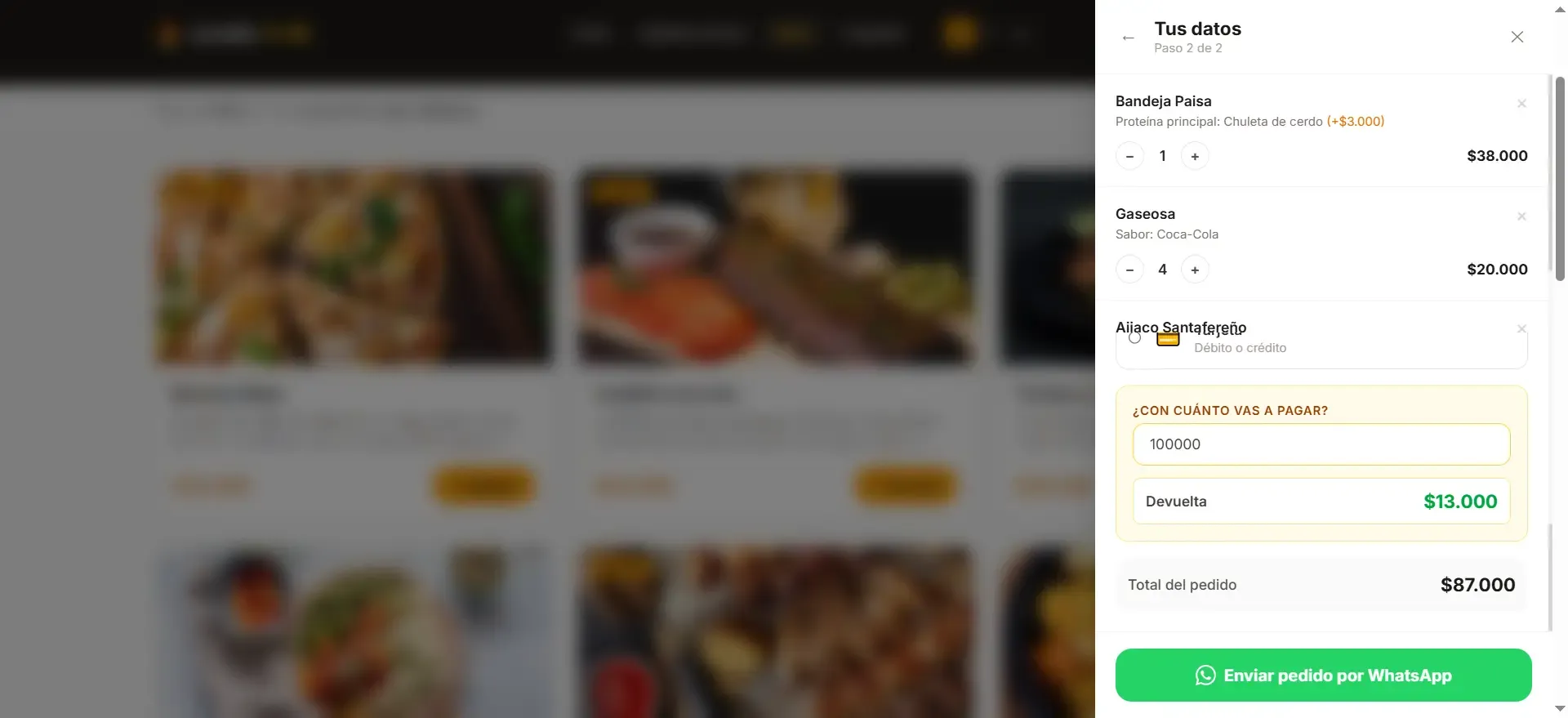 Checkout del pedido por domicilio con calculadora de vuelto — sistema de pedidos para restaurante Formulario de checkout con domicilio seleccionado y calculadora de vuelto integrada