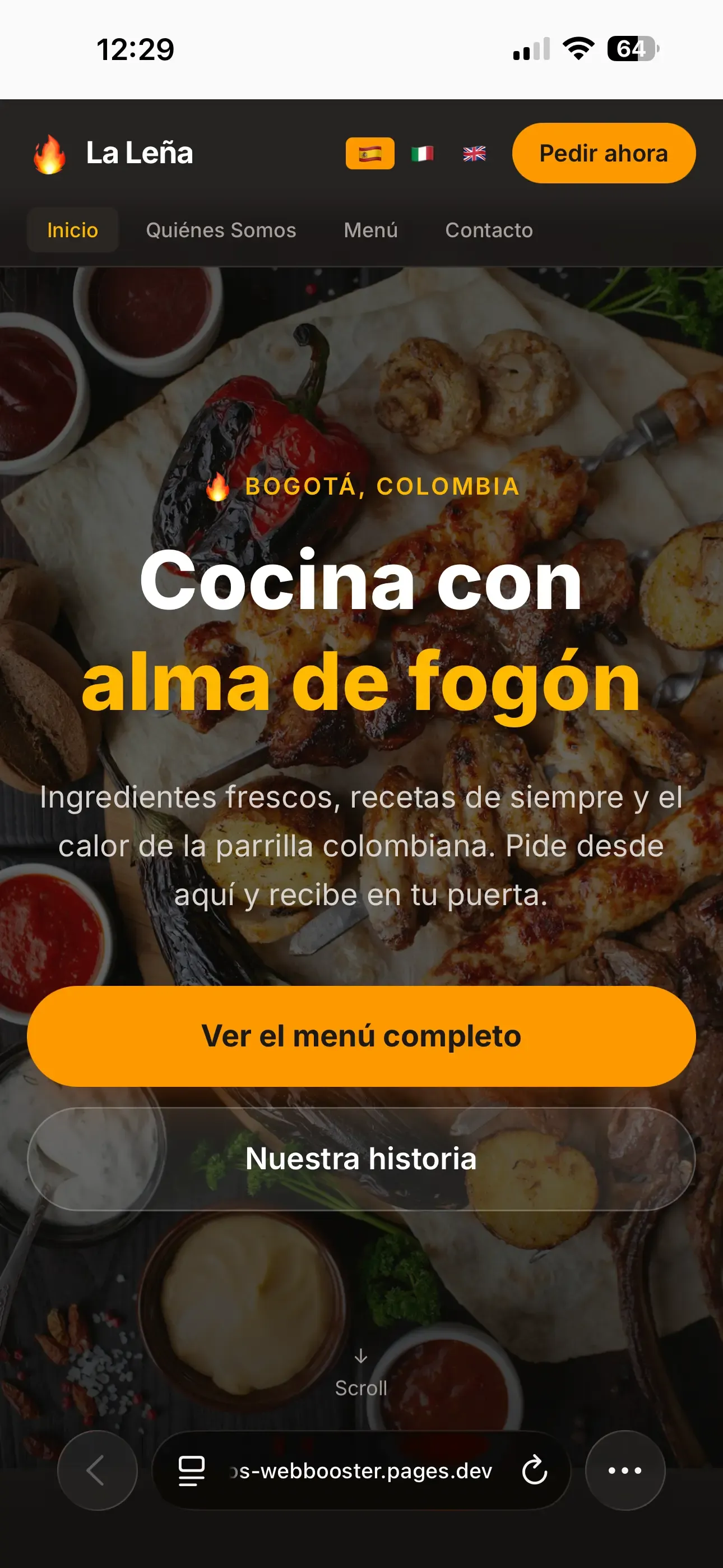 Vista del hero en móvil — sitio web para restaurante con pedidos por WhatsApp Página de inicio del menú digital para restaurante en móvil