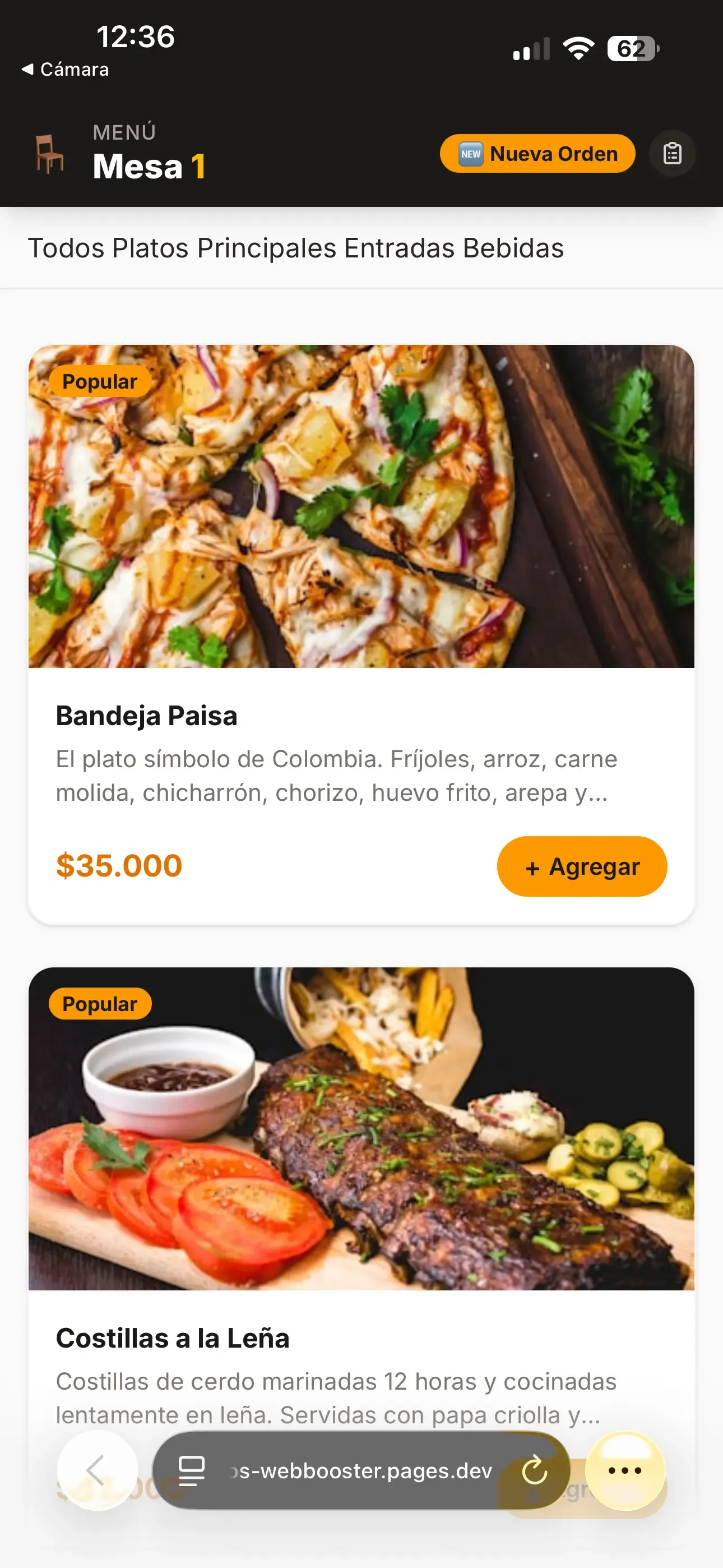 Sistema de mesas con QR para restaurante — el cliente escanea y pide desde su celular Interfaz de mesa desde celular con banner del número de mesa visible