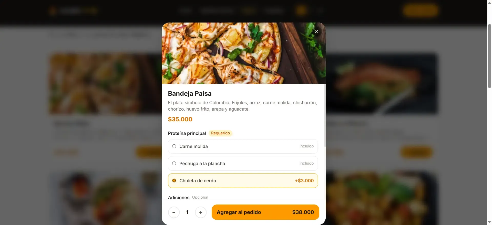 Personalización de plato con adiciones, notas y precio en vivo — menú digital restaurante Modal de personalización de plato con opciones y precio actualizado en tiempo real