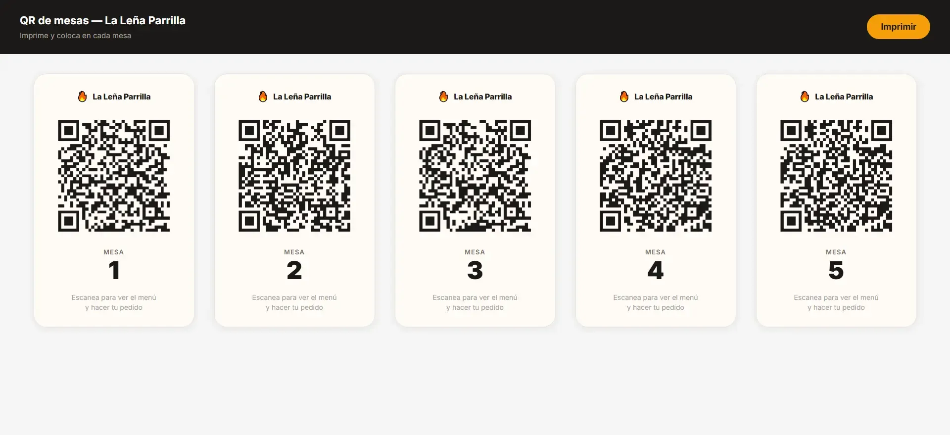 Panel de impresión de códigos QR por mesa — sitio web para restaurante Web Booster Panel de administración para generar e imprimir tarjetas QR por mesa