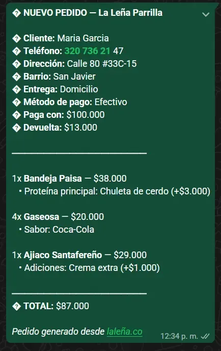 Pedido llegando al WhatsApp del restaurante — sin comisiones, sin intermediarios Mensaje de pedido generado automáticamente en WhatsApp con todos los datos del cliente