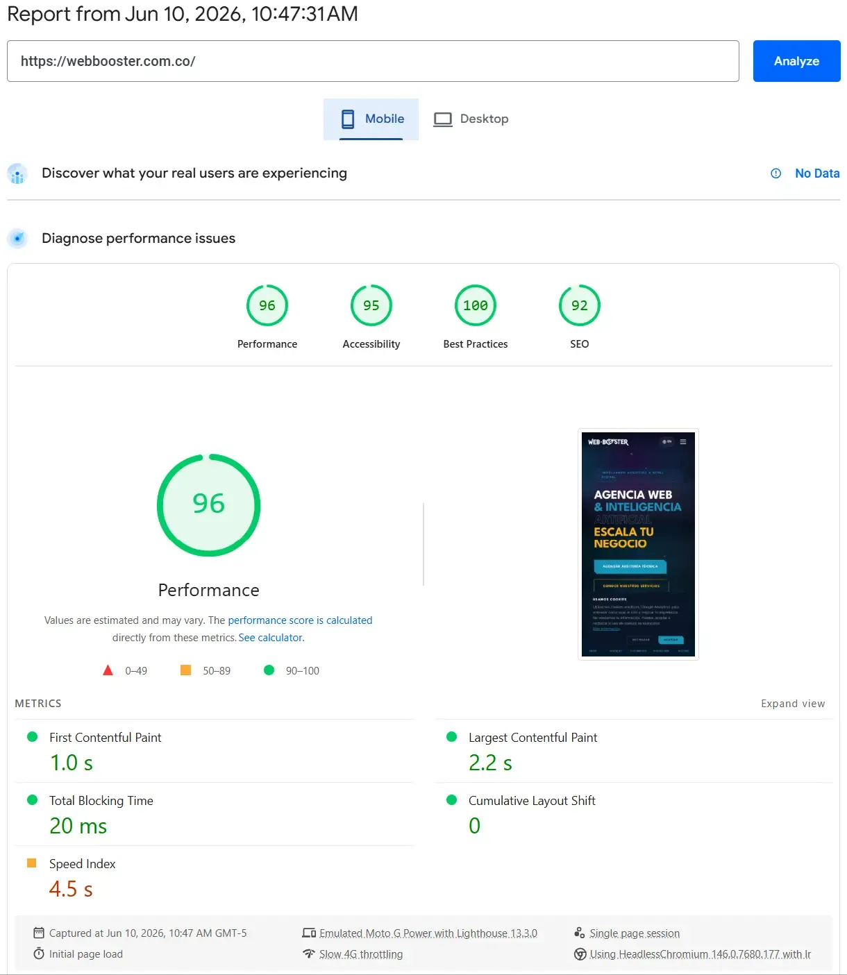 Puntaje real de 96/100 en Google PageSpeed Insights del sitio de Web Booster