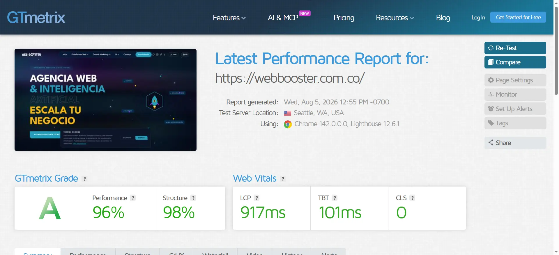 Reporte de GTmetrix mostrando calificación A, 96% de Performance, 98% de Structure, LCP de 917ms, TBT de 101ms y CLS de 0 para el sitio de Web Booster